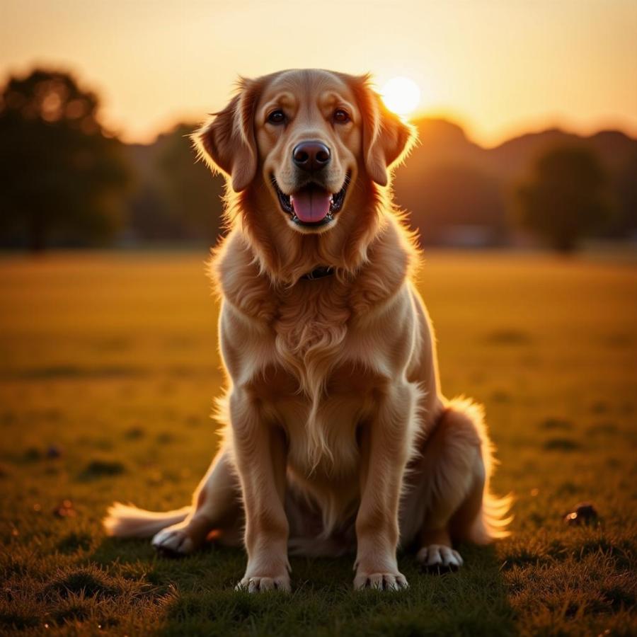 Golden Retriever bathed in golden hour sunlight