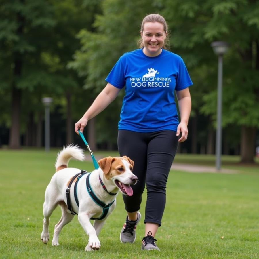 A volunteer walking a dog from New Beginnings Dog Rescue