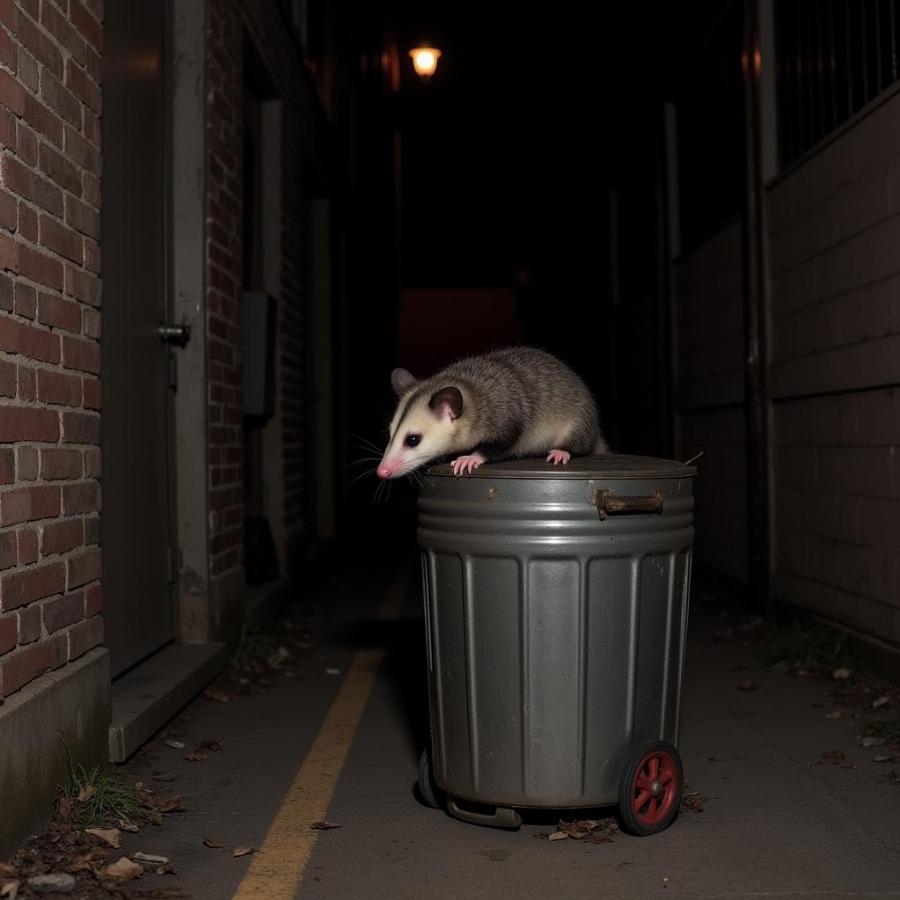 Opossum Near Trash Cans at Night