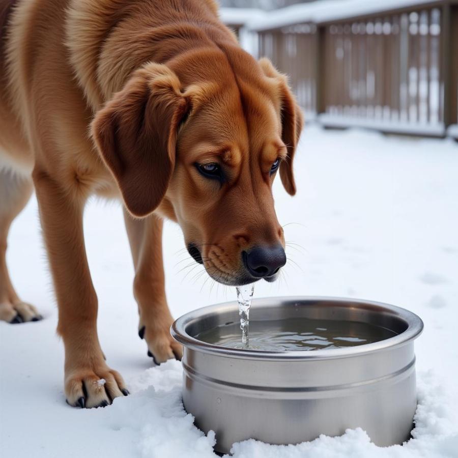 Outdoor dog drinking from a heated water bowl