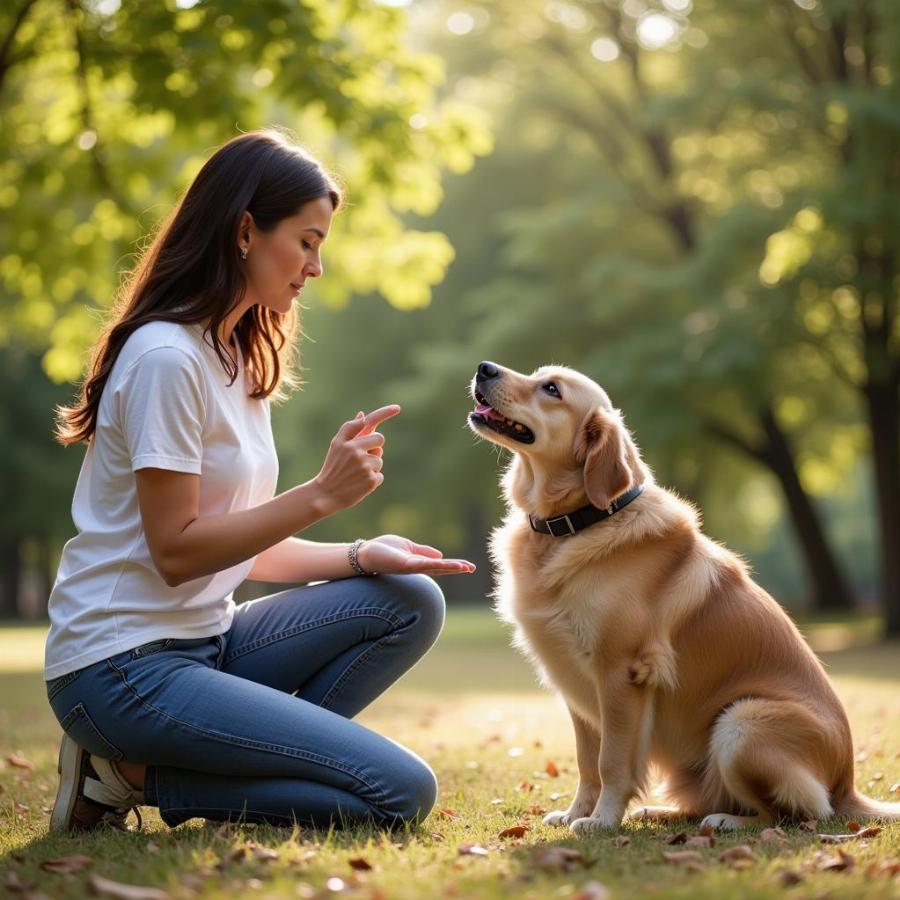 Owner training dog with patience