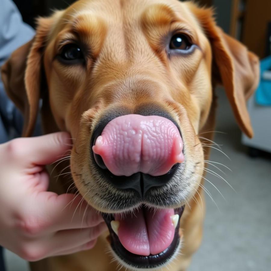 Dog with a pale tongue due to anemia