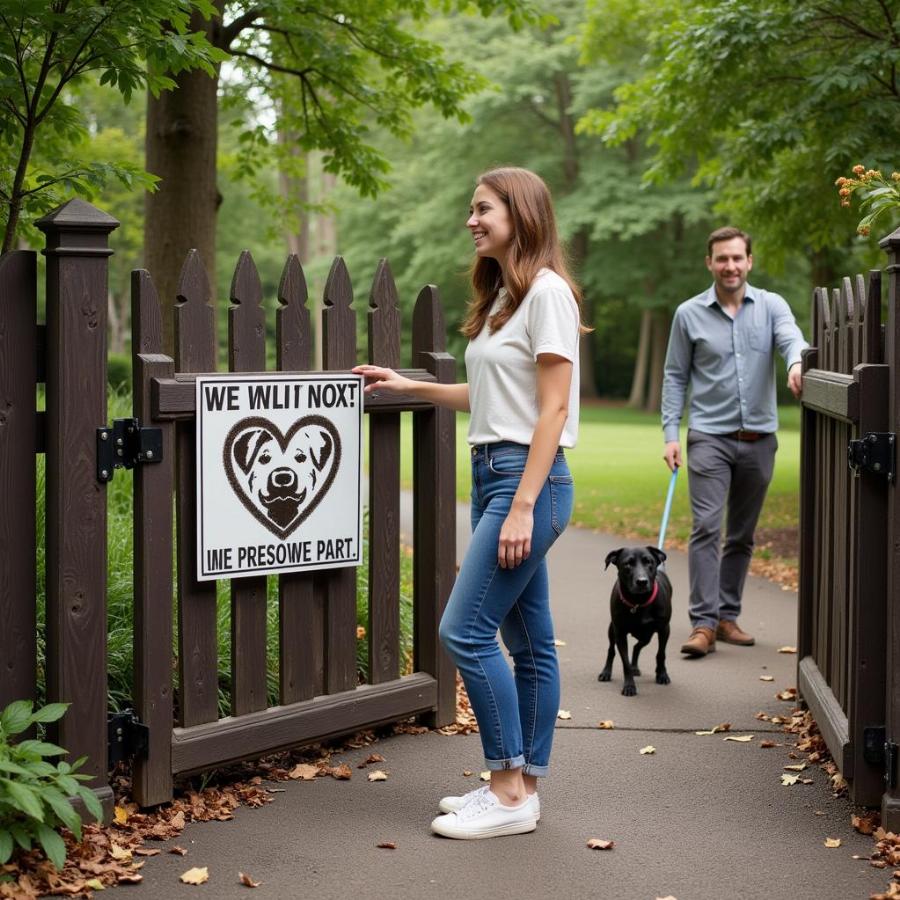 Asking Permission at Gate with Dog Sign