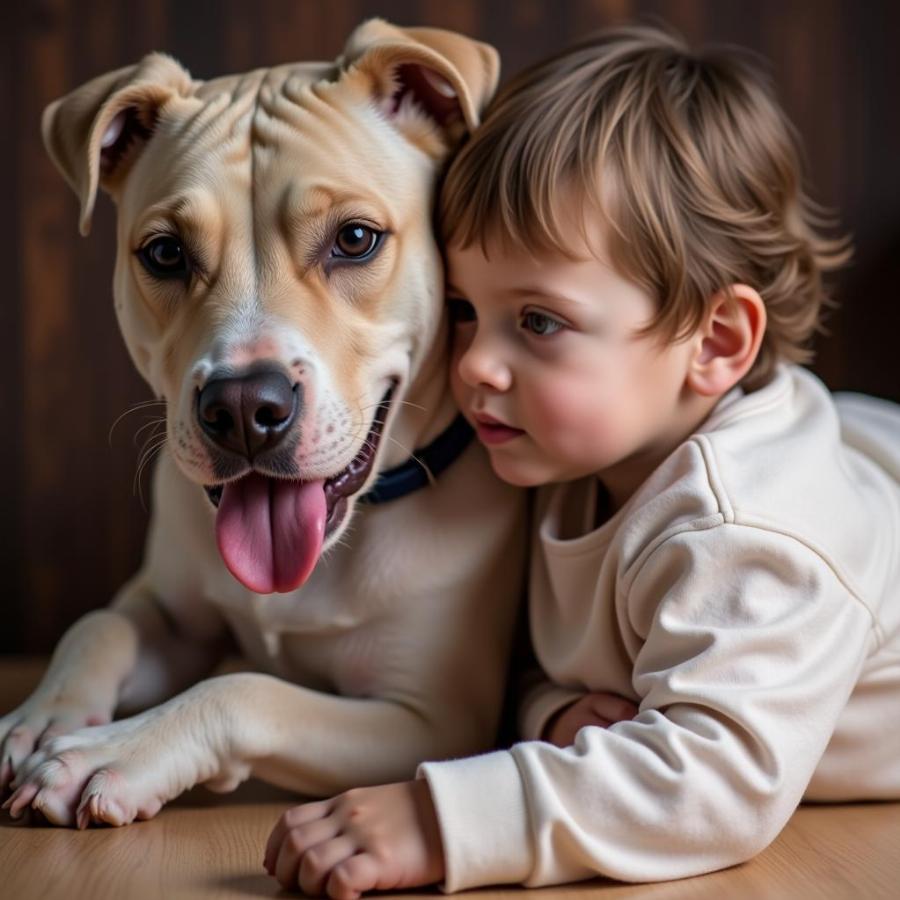 A Pit Bull Cuddling with a Child