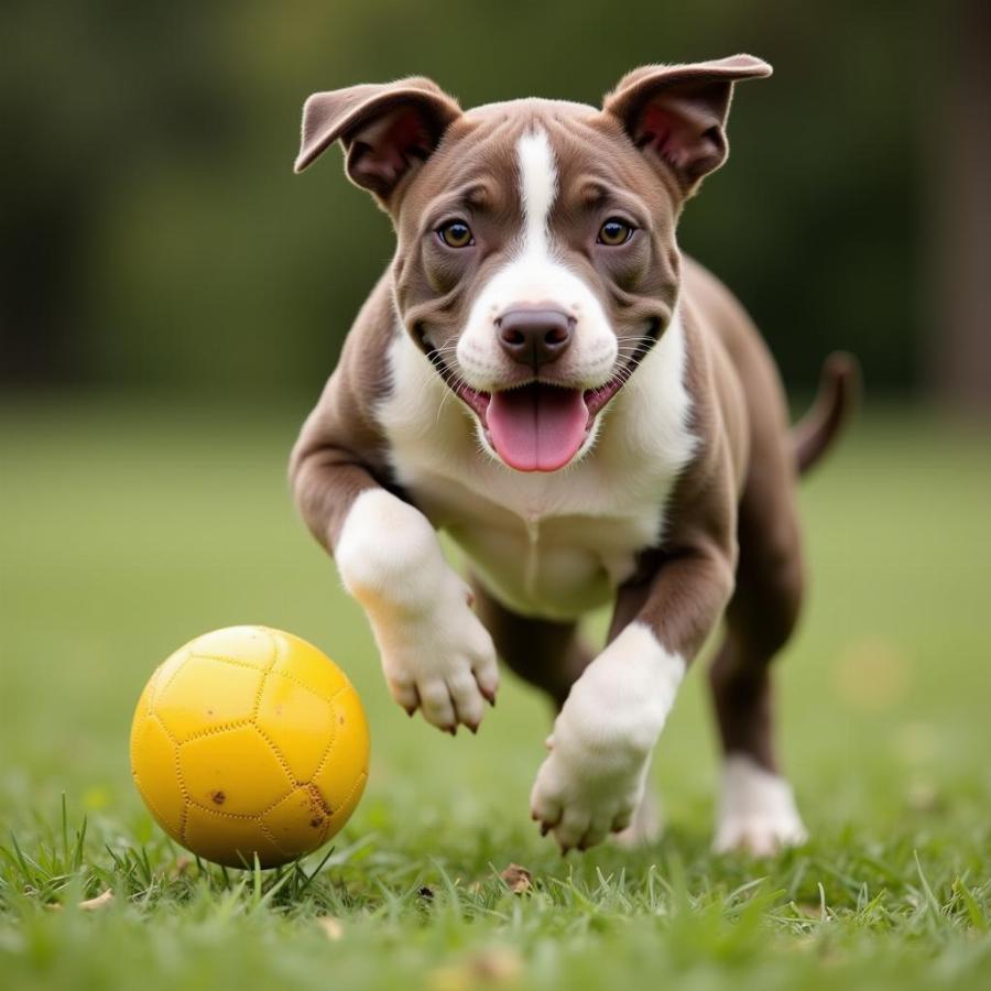 Active Pitbull Puppy Playing Fetch