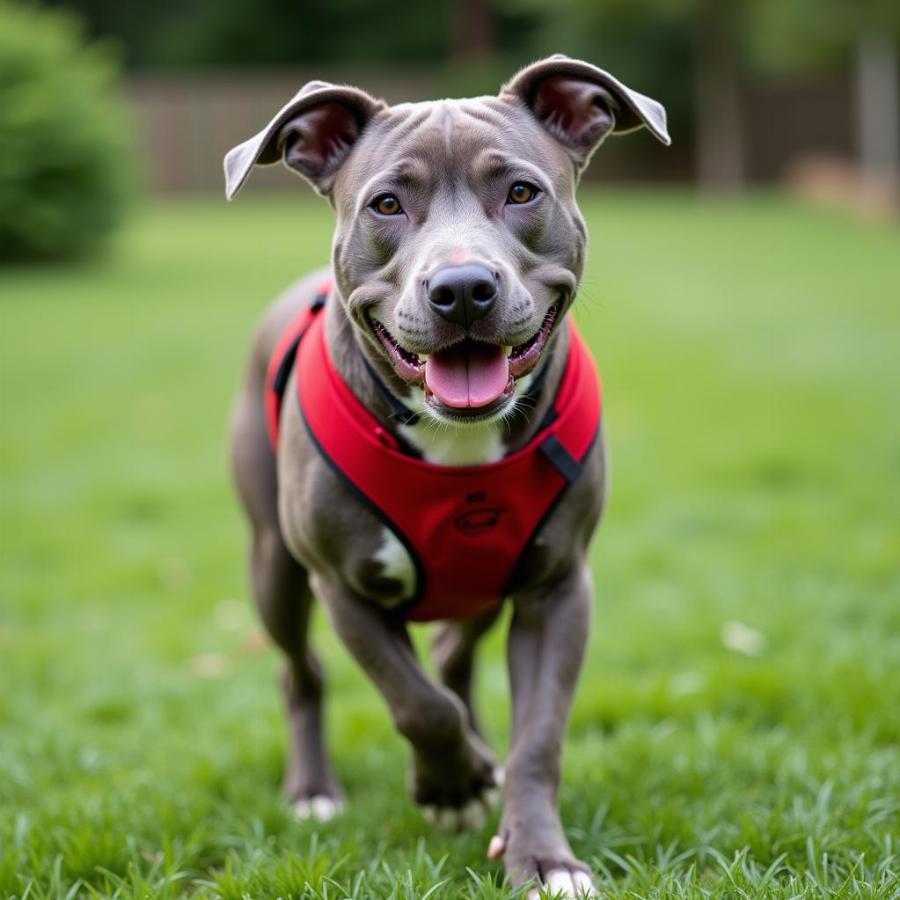 happy pitbull in a harness