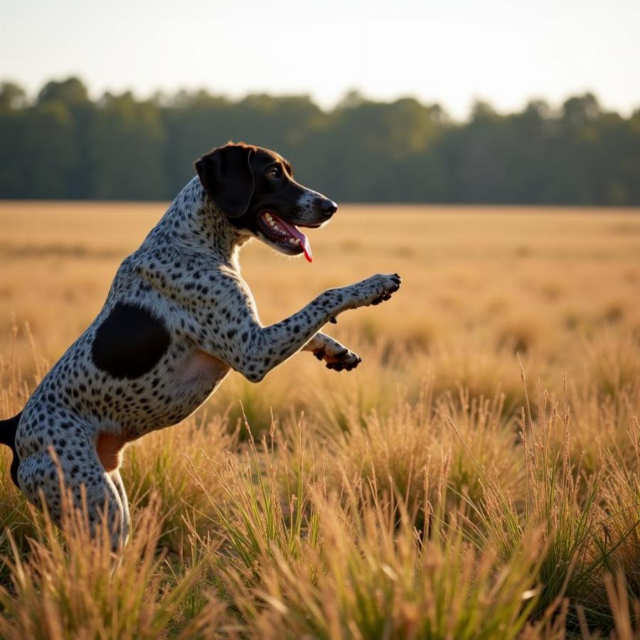 Pointer dog pointing in a field