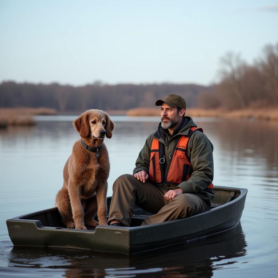 Poodle and Hunter in a Boat on a Lake