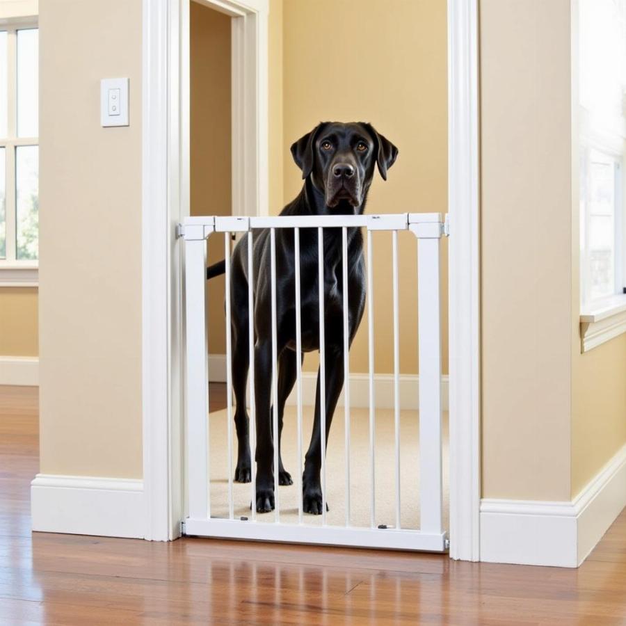 pressure-mounted dog gate in hallway