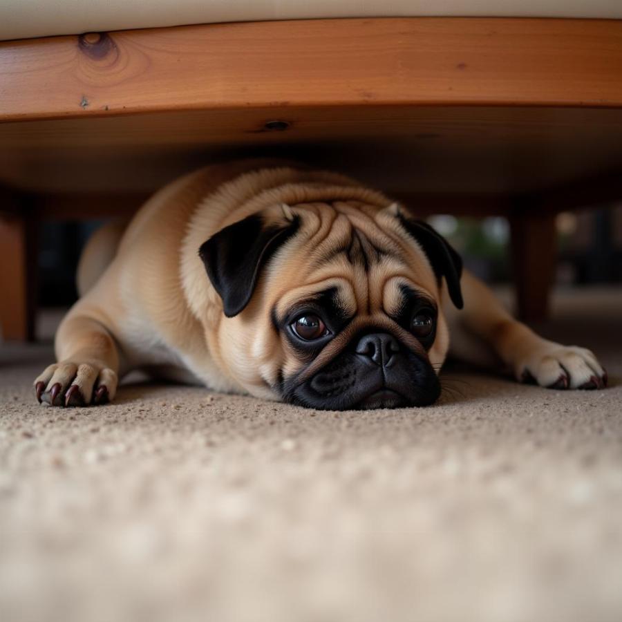 Pug Hiding Under Table