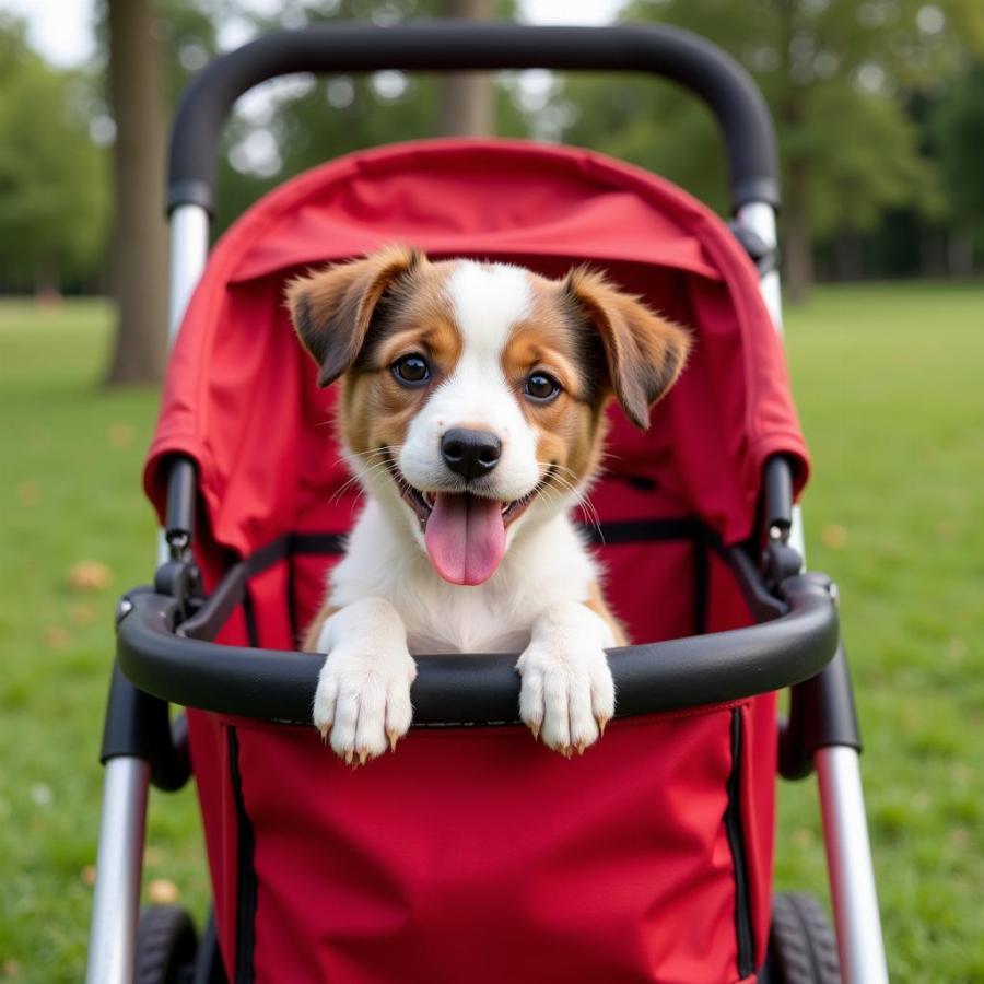 Happy Puppy in Stroller at Park