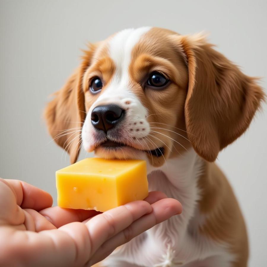 Puppy looking longingly at a piece of cheddar cheese