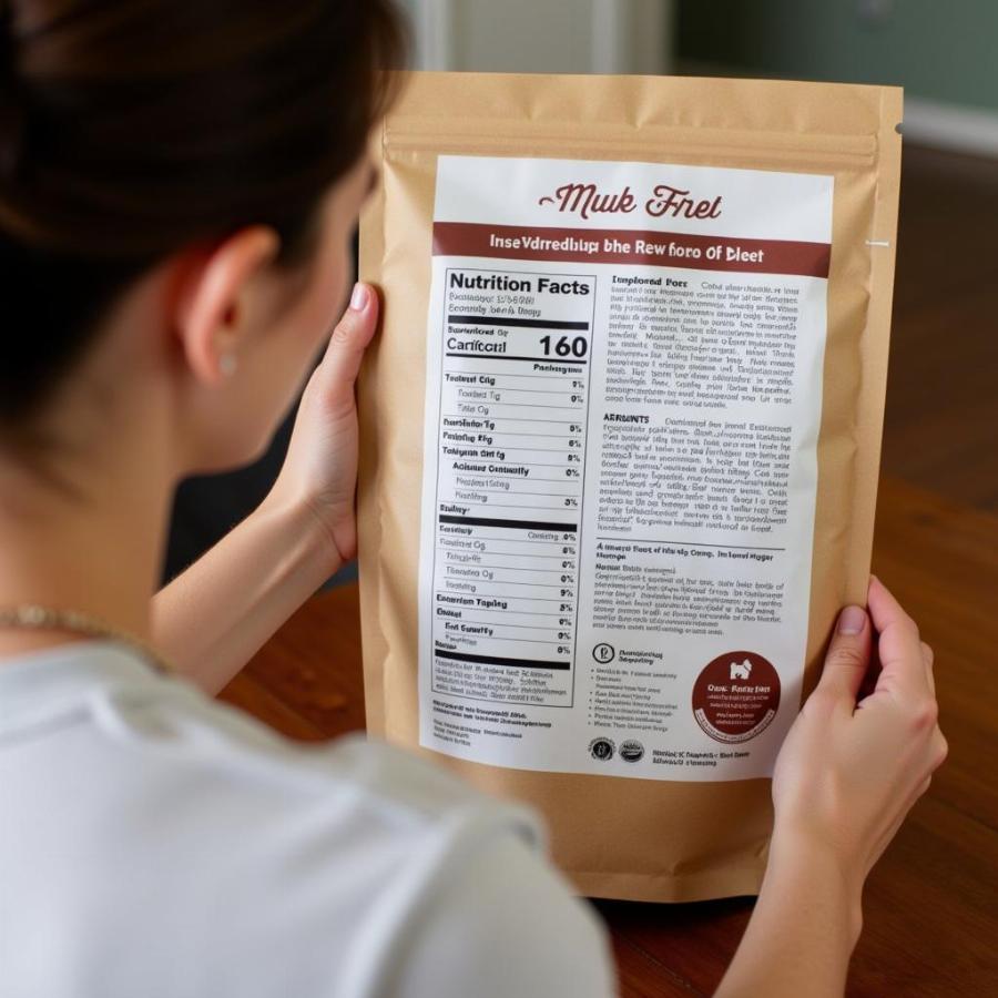 Pet owner examining the label of a dehydrated raw dog food bag.