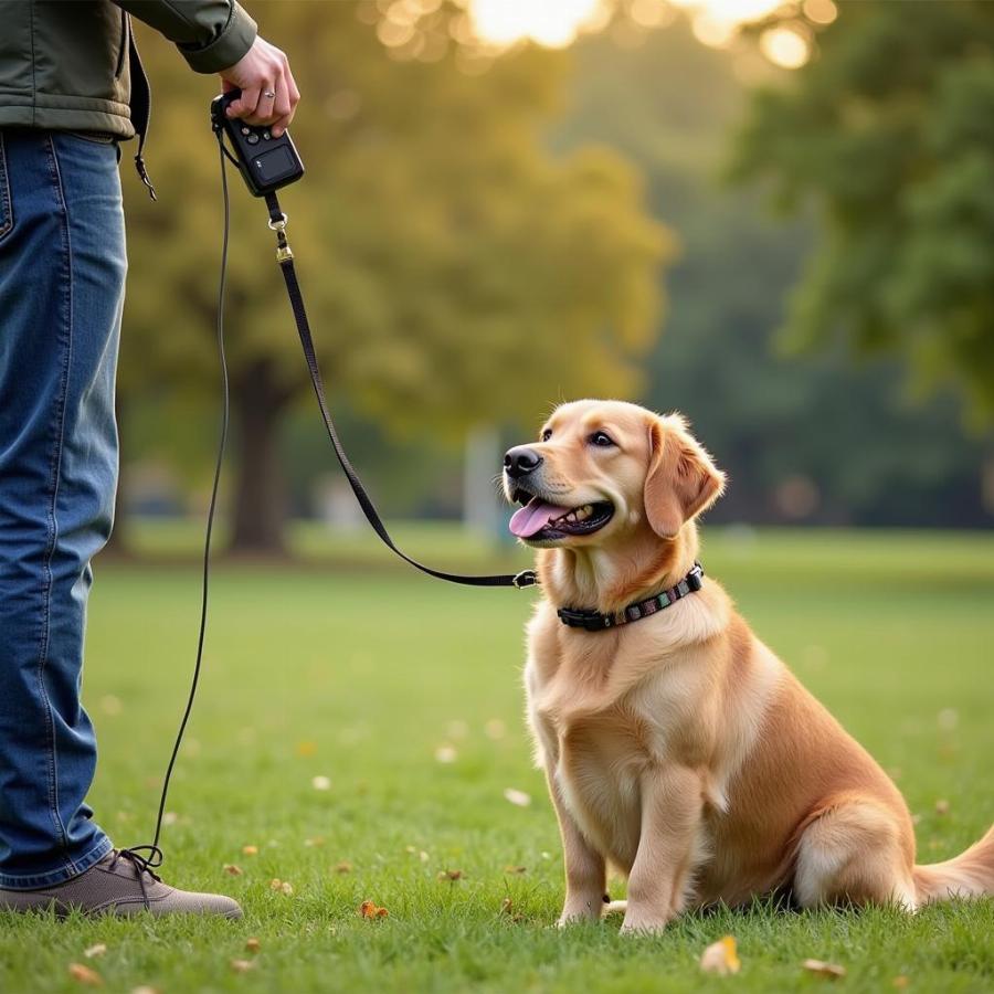 Dog training with remote collar in a park