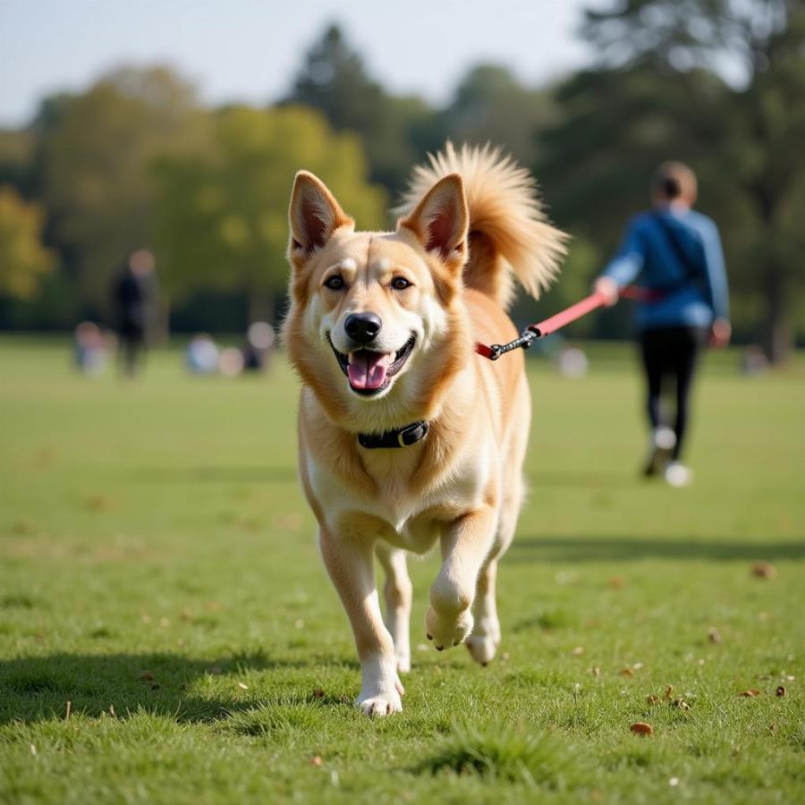 Dog Walking in the Park with Retractable Leash