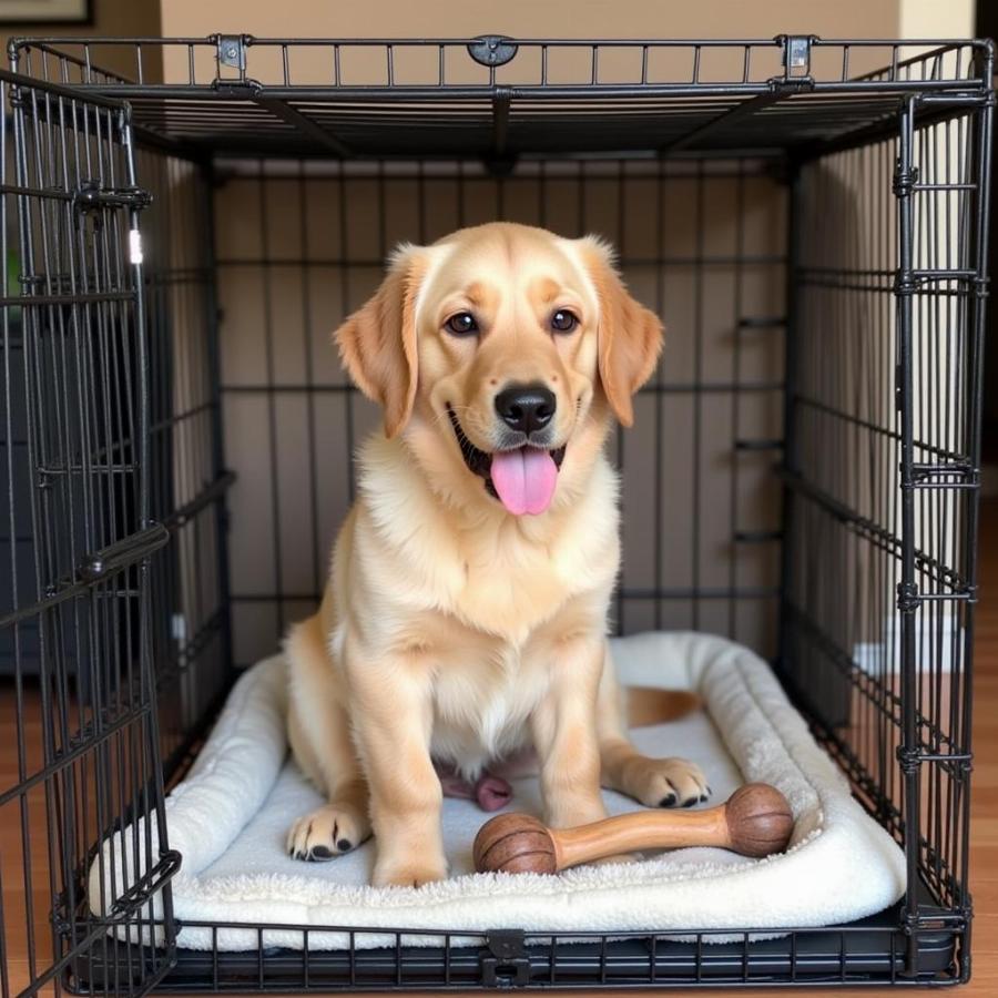 Golden Retriever puppy inside a crate with a comfortable bed