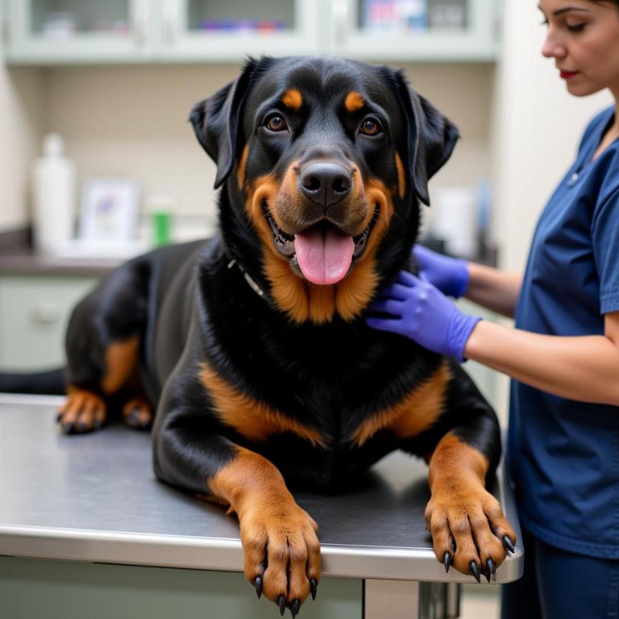 Rottweiler getting a checkup at the vet