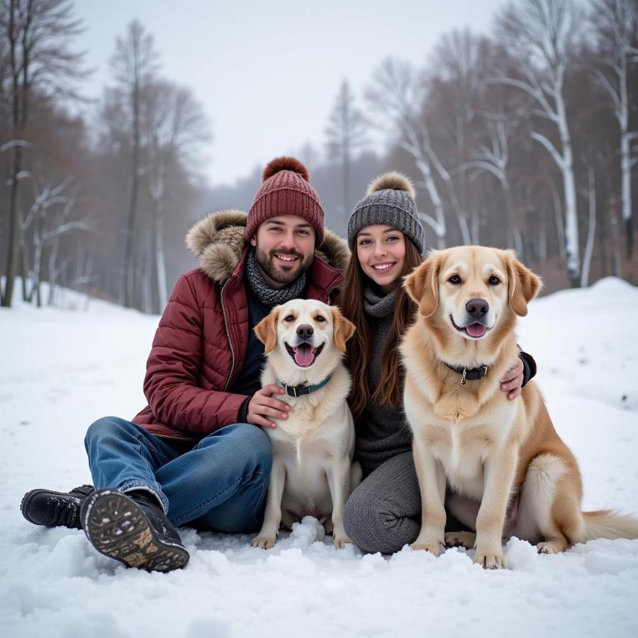 A Russian family enjoys a snowy day with their dog