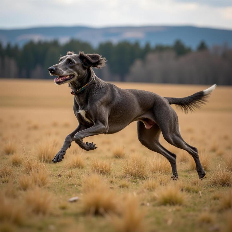 Scottish Deerhound running freely across a field