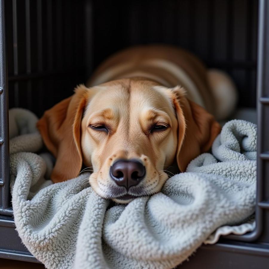 Senior dog sleeping peacefully in crate