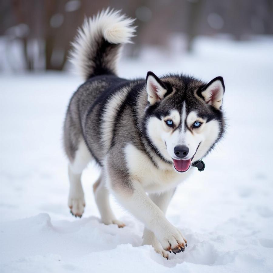 Short-haired husky playing in the snow