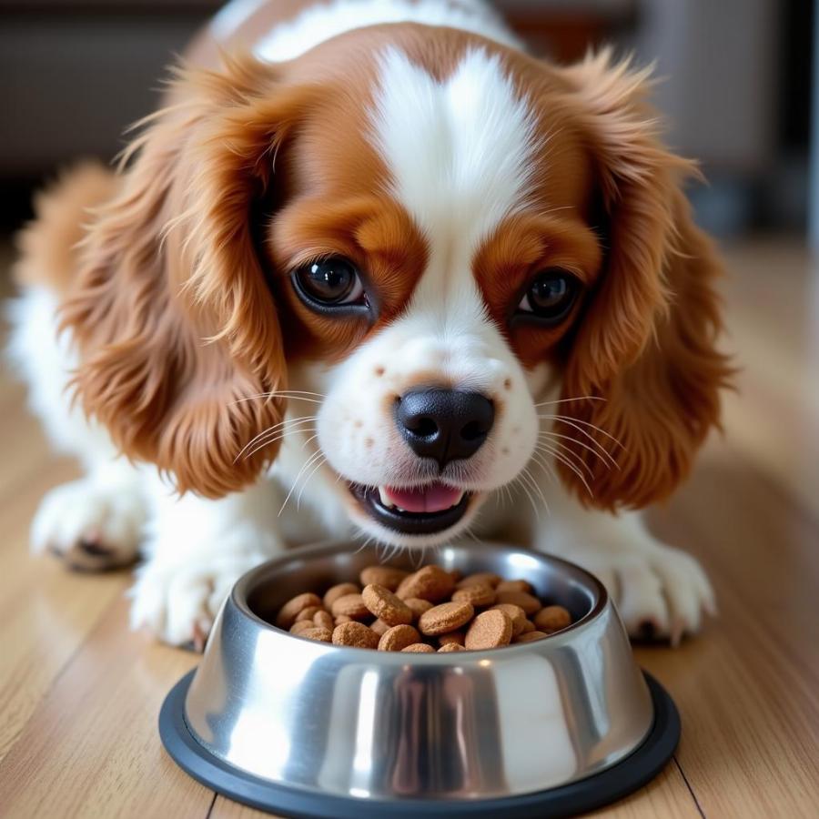 Small Breed Dog Eating Kibble from Bowl