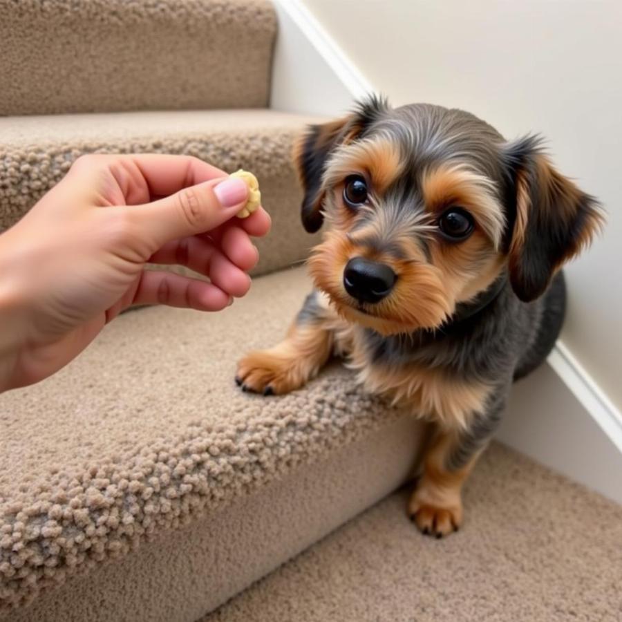 Small Dog Being Trained to Use Stairs With Treats