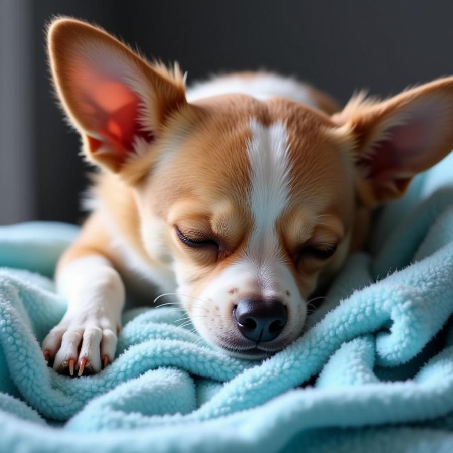 A small dog curled up sleeping on a small dog blanket.