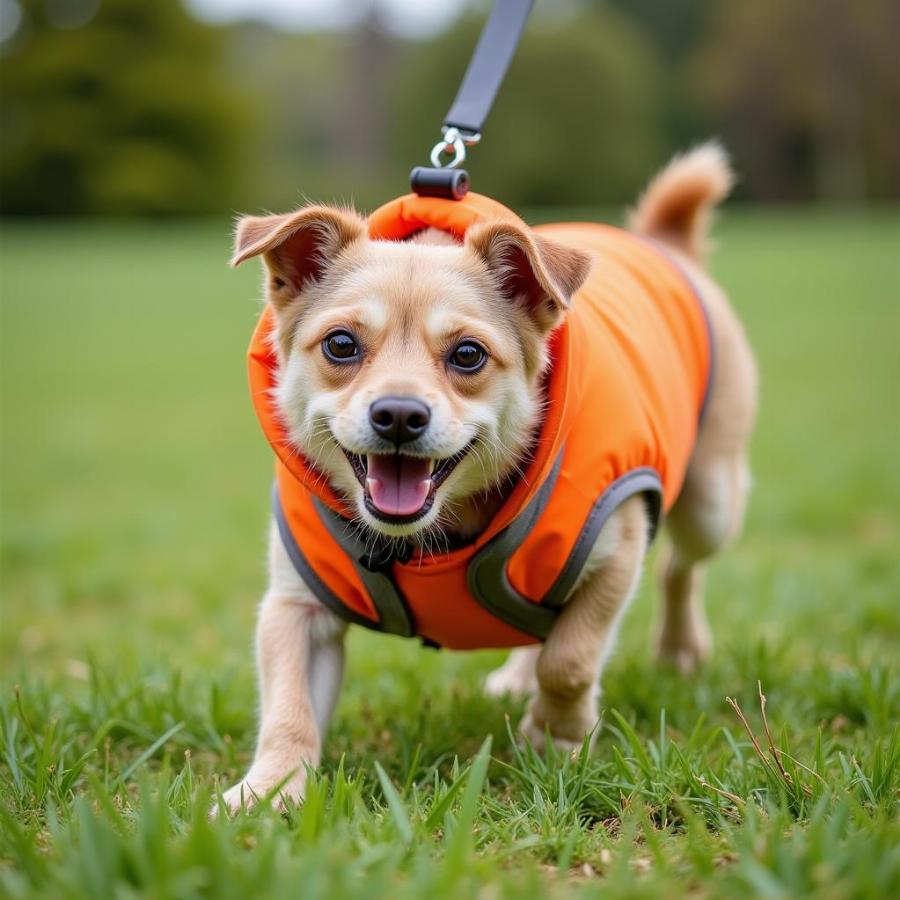 Small dog wearing a protective vest exploring the outdoors