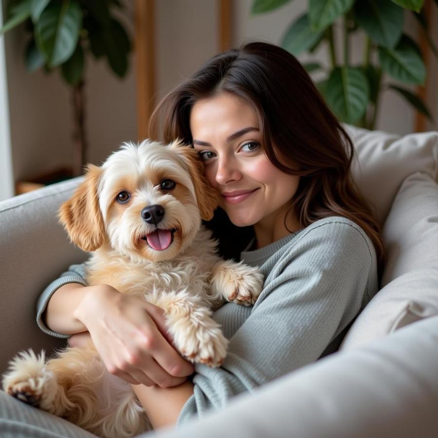 woman cuddling with a small dog on her lap