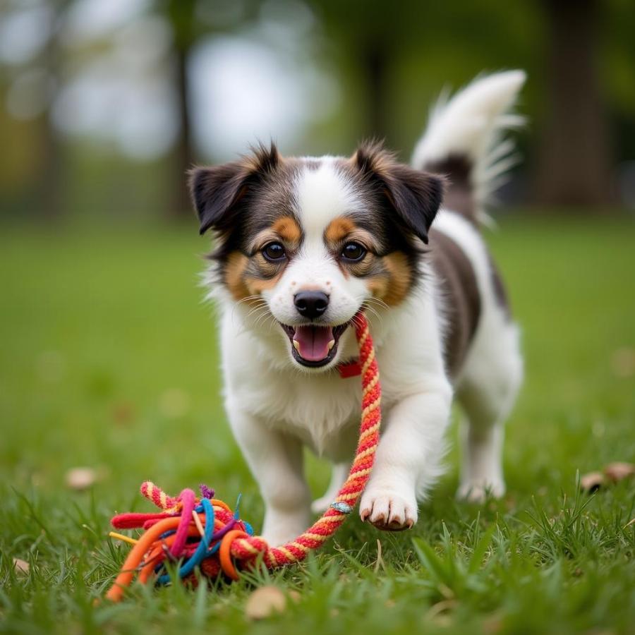 Small dog playing with a toy