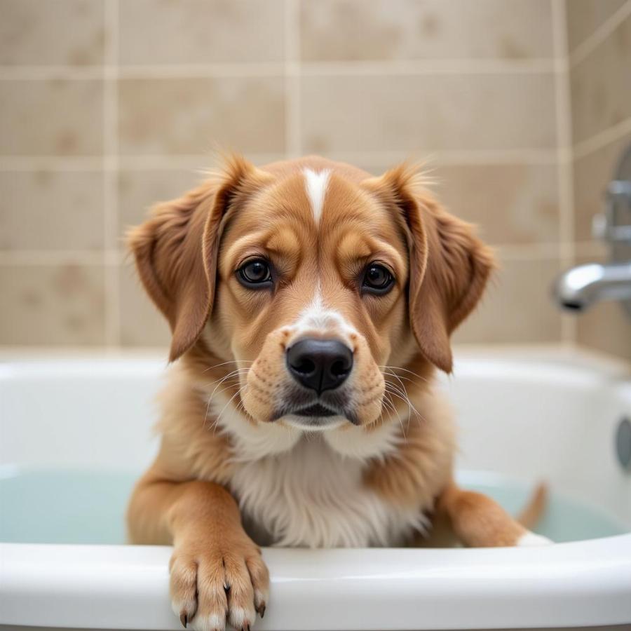 Dog Looking Sad in Bathtub