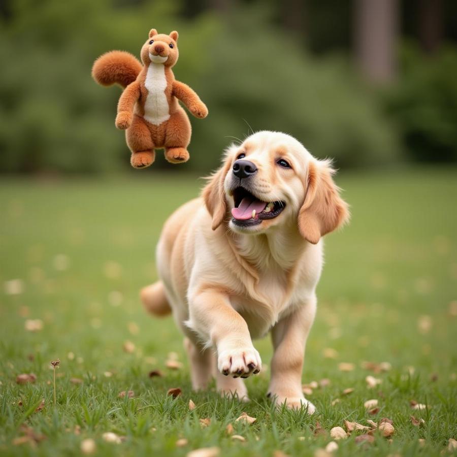 Dog playing with a stuffed toy