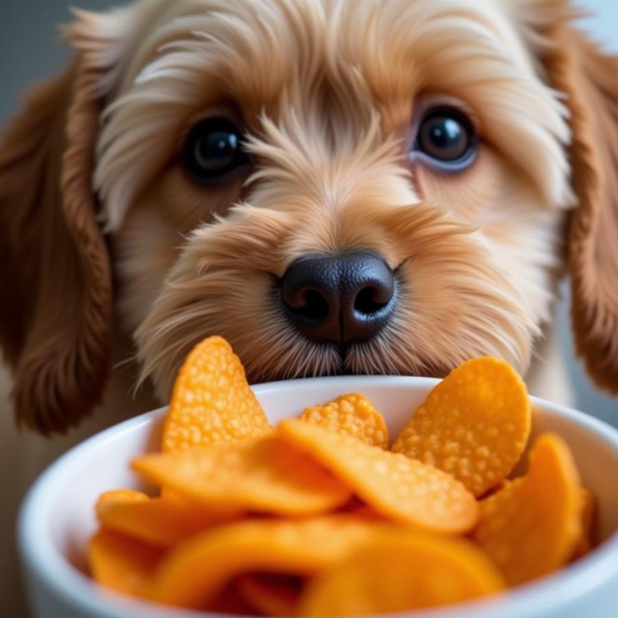 Dog looking longingly at a bowl of sweet potato chips