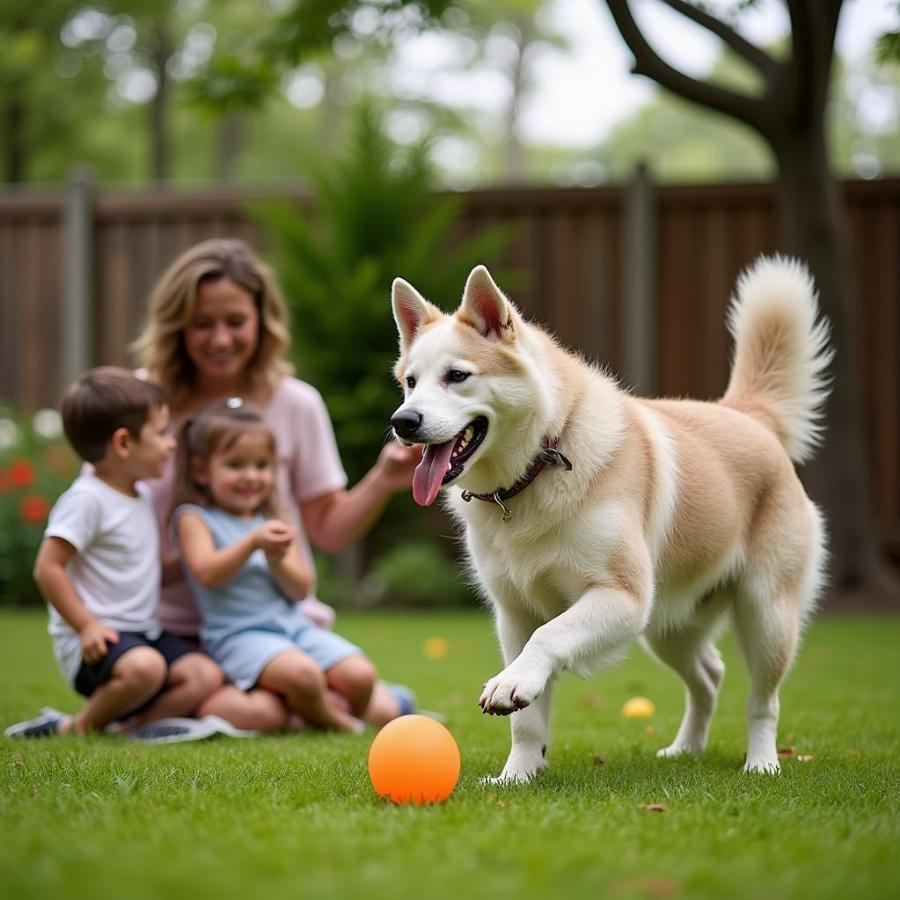 tamaskan dog playing with a family