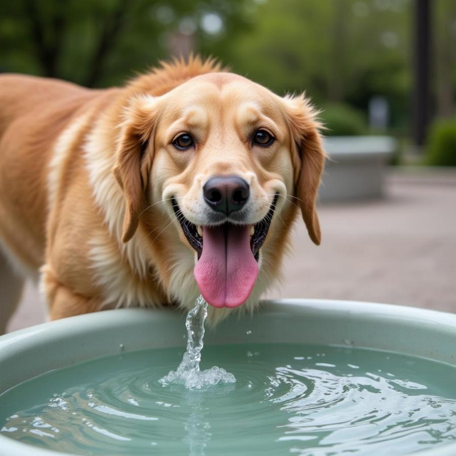 Dog drinking from a water fountain at Tempe Sports Complex Dog Park