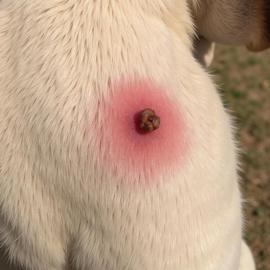 Close up of a tick scab on a dog's skin