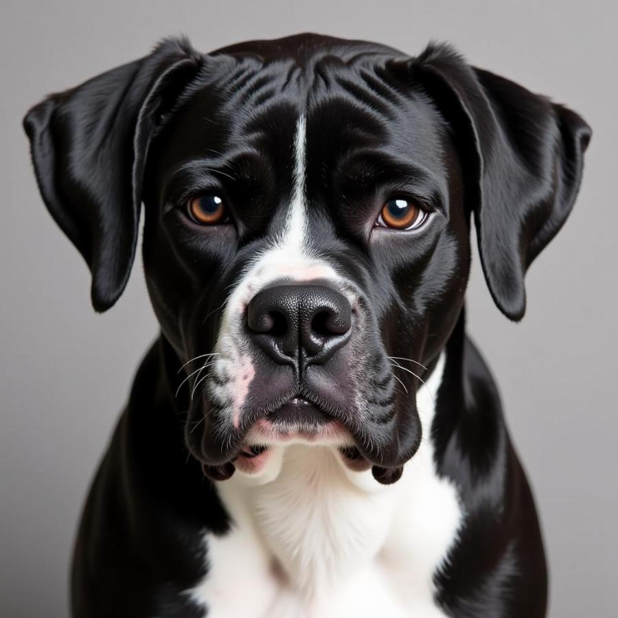 Black and white Boxer dog with a serious expression