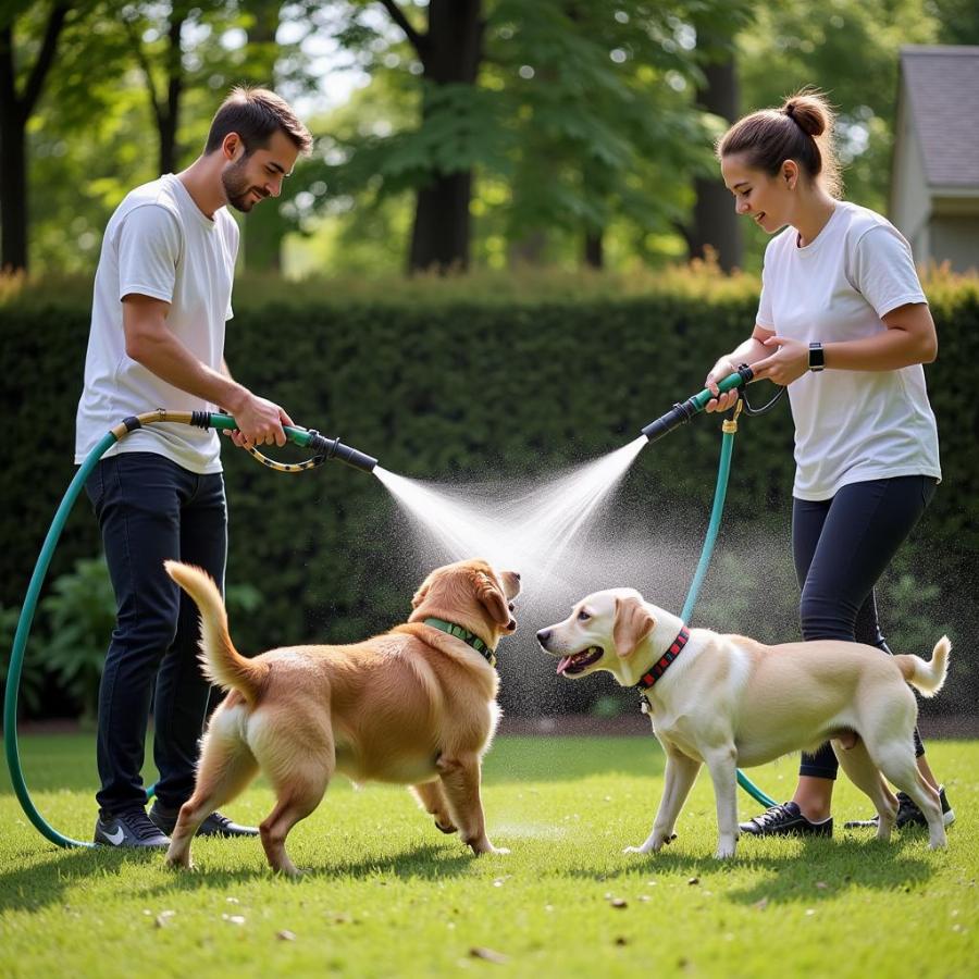 Spraying a hose to stop a dog fight.