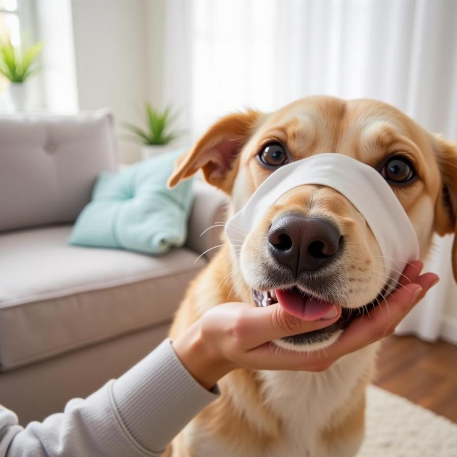 A dog owner demonstrating how to use antibacterial dog wipes on their dog.