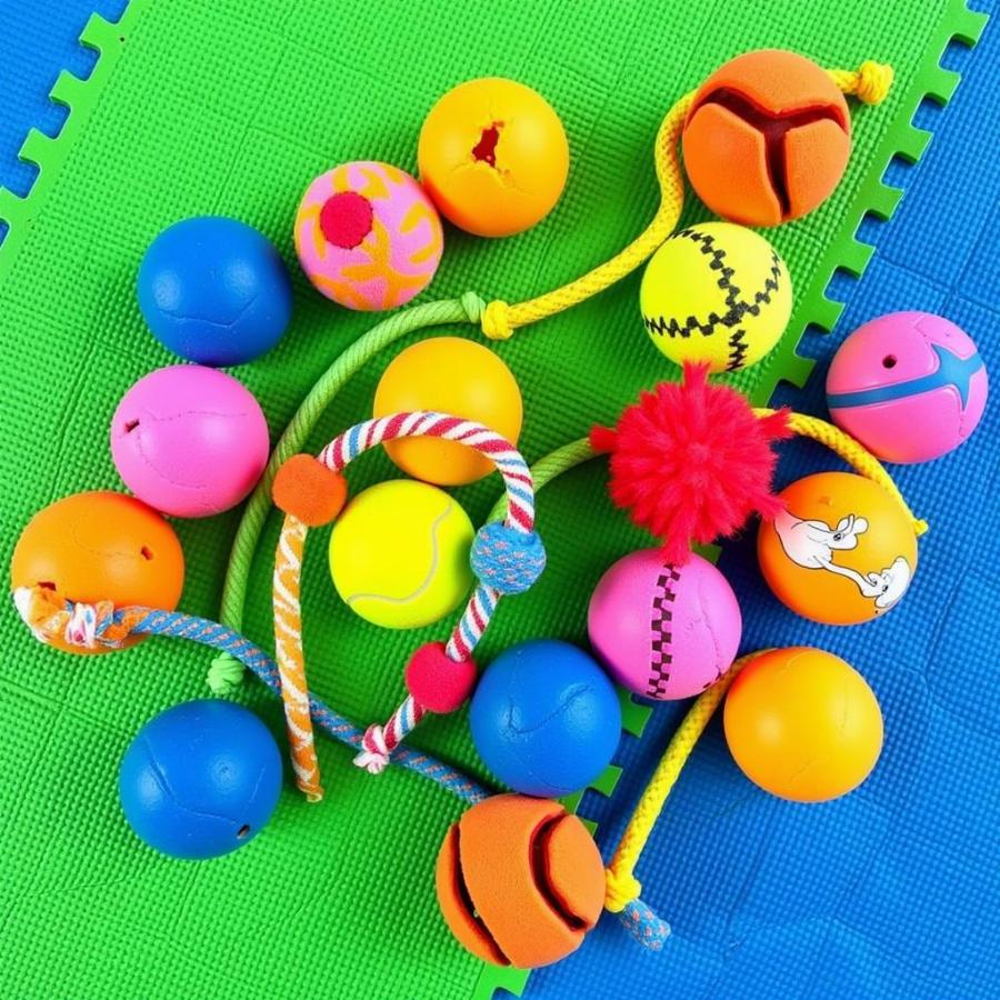 Different types of dog ball toys arranged on a colorful mat