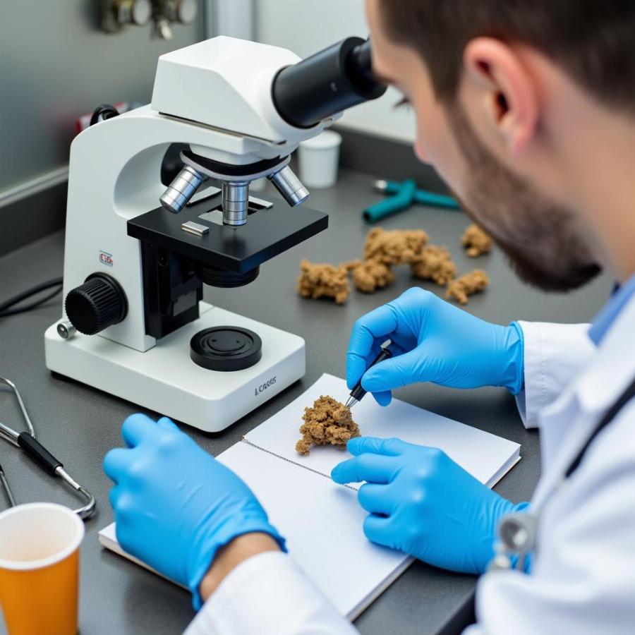 Veterinarian analyzing a dog stool sample