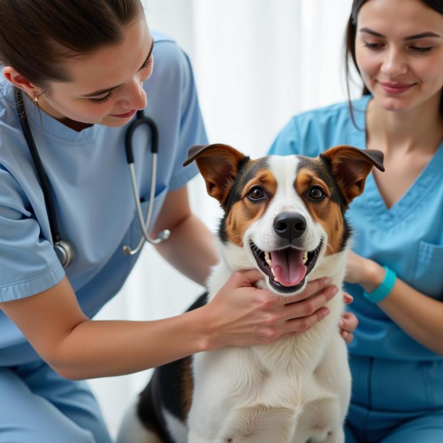 Veterinarian examining a dog in an exam room