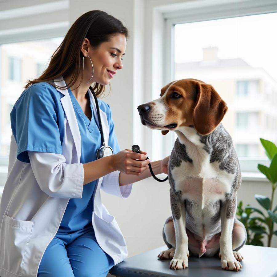 Veterinarian examining a dog in a clinic