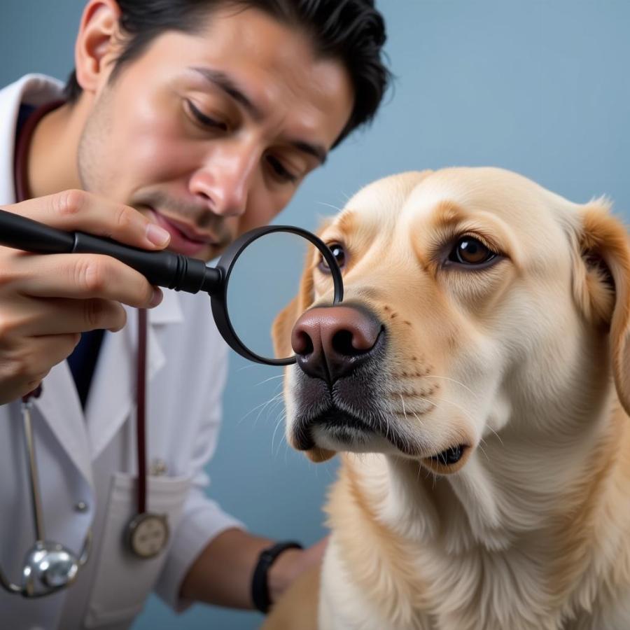 Veterinarian examining a dog's nose with a magnifying glass