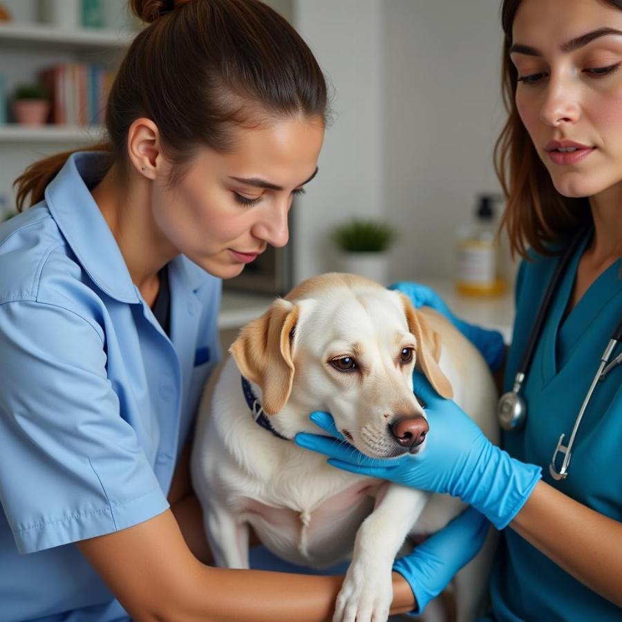 Veterinarian Examining Dog with Potential Paraphimosis