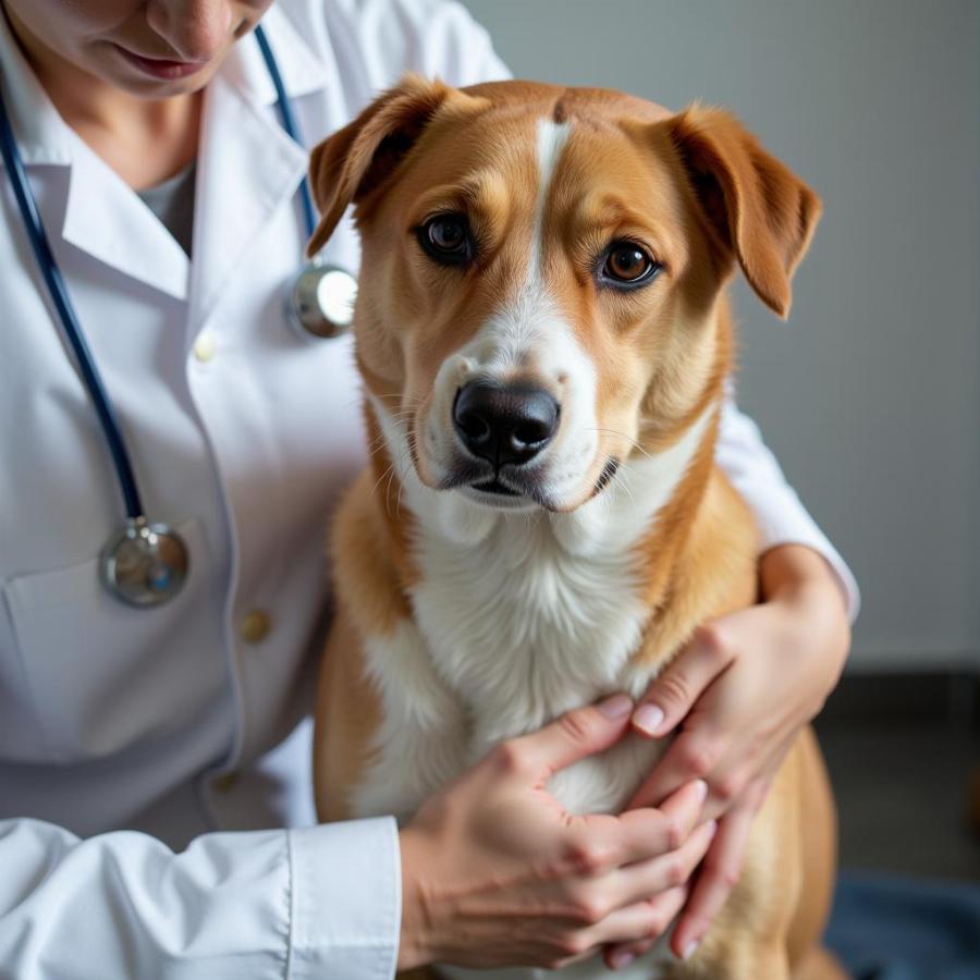 Veterinarian examining a dog with gurgling stomach