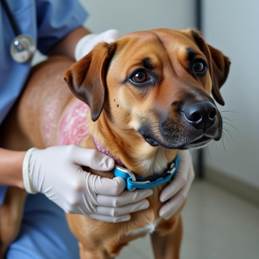 Veterinarian examining dog skin