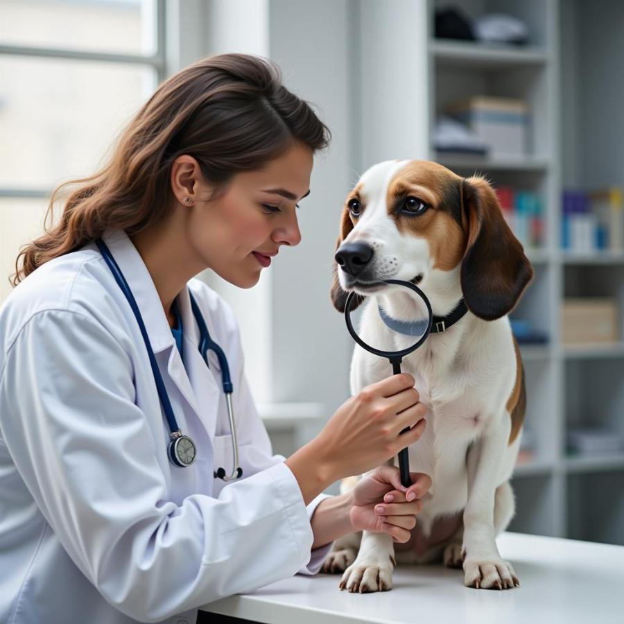 Veterinarian examining dog's skin with magnifying glass