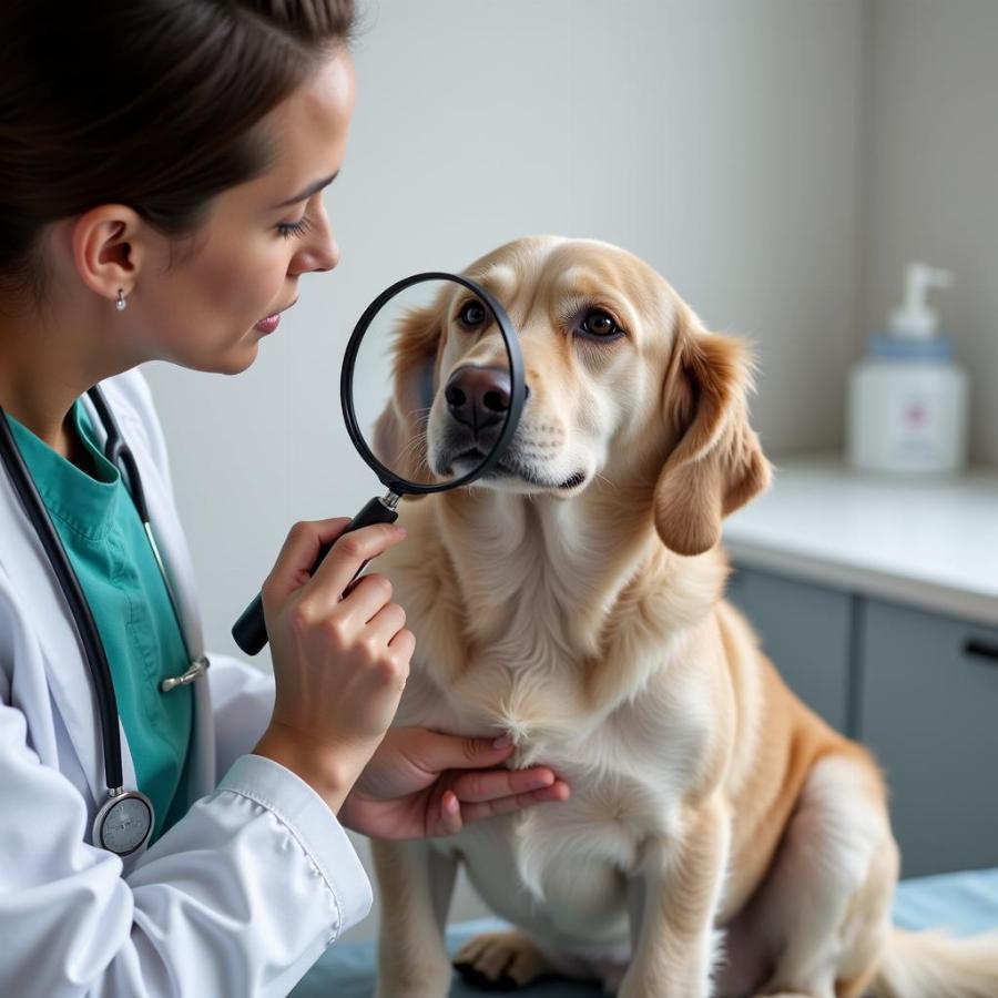 Veterinarian examining dog's skin